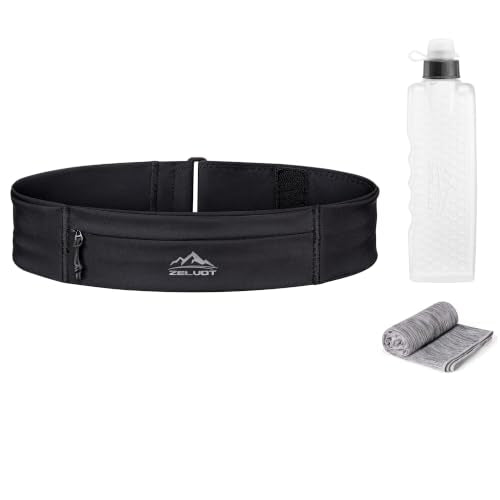 Zelvot Running Belt with 500ml Water Bottle, Adjustable Waist Pack - color: Black