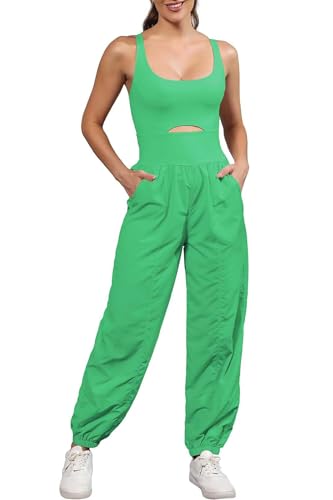ReachMe Womens Running Onesie Athletic Romper Pants Hiking Outfits One Piece Workout Jumpsuits with Pockets - color: Lime Green, size: Small