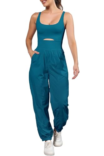 ReachMe Womens Running Onesie Athletic Romper Pants Hiking Outfits One Piece Workout Jumpsuits with Pockets - color: Teal Blue, size: X-Small