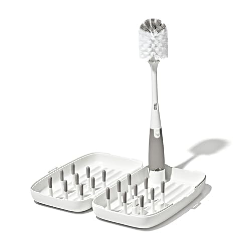 OXO Tot Travel Size Baby Bottle Drying Rack & Bottle Brush, Portable, Gray