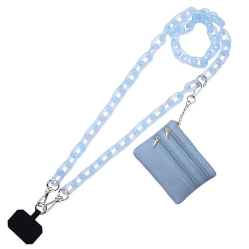 Long Keeper Phone Crossbody Chain Acrylic Phone Lanyards with Zipper Wallet Women Cellphone Strap Wrist Bracelet Purse Strap - color: Light Blue Silver