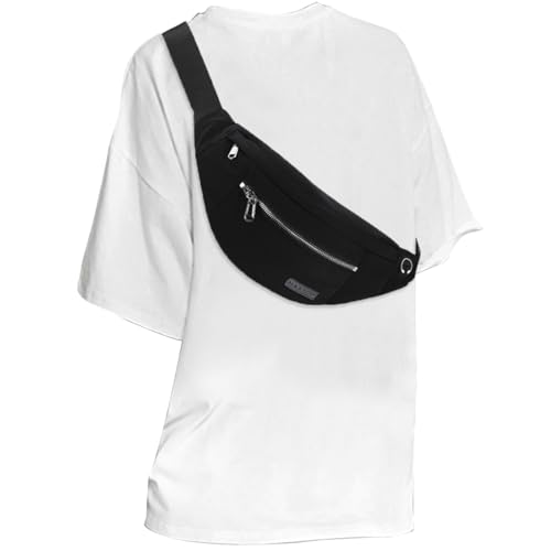 MAXTOP Large Crossbody Fanny Pack Belt Bag for Women Men with Silver Zipper - color: Black(Washed Nylon with Silver Metal Zipper), size: Large