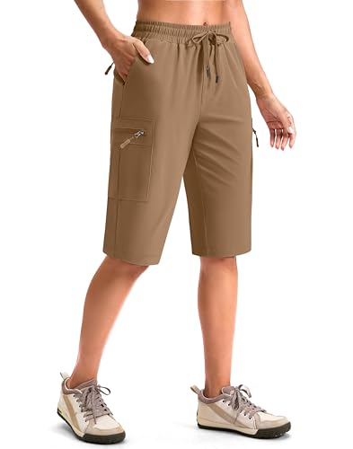 Viodia 13'' Women's Hiking Cargo Shorts Knee Length with Zipper Pockets - color: Dark Khaki, size: Medium