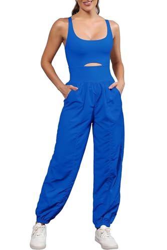 ReachMe Womens Running Onesie Athletic Romper Pants Hiking Outfits One Piece Workout Jumpsuits with Pockets - color: Royal, size: Medium