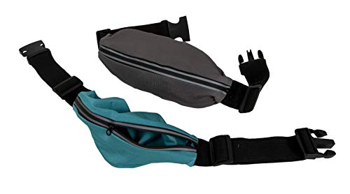 Stretchy Waist Pack, Adjustable No-Bounce Running Belt for Women and Men, Secure Extra Large Zipper Pocket, Moisture-Wicking Neoprene, Teal and Gray Fanny Bags, 2 Pack