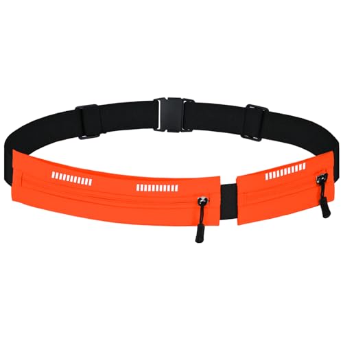 Running Belt Waist Pack, Orange, Dual Zippered Pockets, Adjustable Elastic Band with Reflective Strips (Orange) - color: Orange