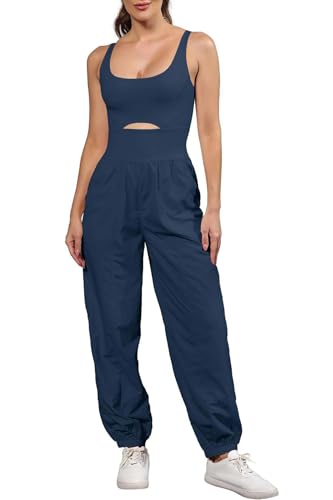 ReachMe Womens Running Onesie Athletic Romper Pants Hiking Outfits One Piece Workout Jumpsuits with Pockets - color: Navy Blue, size: Small