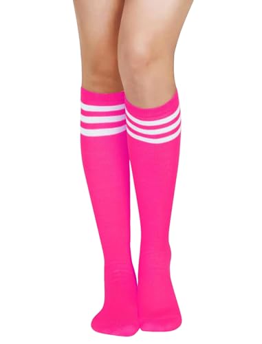 Women's Knee High Athletic Socks Casual Stripes Tube Socks Outdoor Sport Socks - color: Rose+white Triple Stripeue- 1 Pair