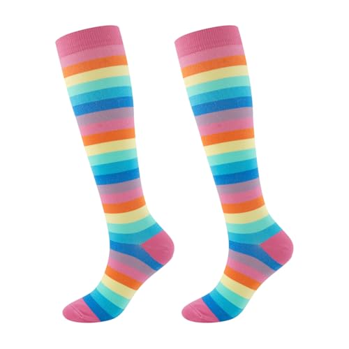 Junely Compression Socks for Women Knee High Striped Polka Dot Stockings - color: Rainbow Pink