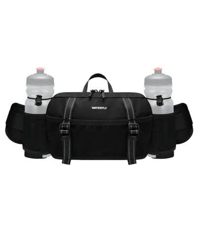 WATERFLY Large Hiking Fanny Pack: 3L Waist Bag with 2 Bottle Holders for Women Men - 9 Pockets & Adjustable Belt Lumbar Hip Packs for Travel Running Cycling Camping Workout (Bottles Not Included) - color: Black