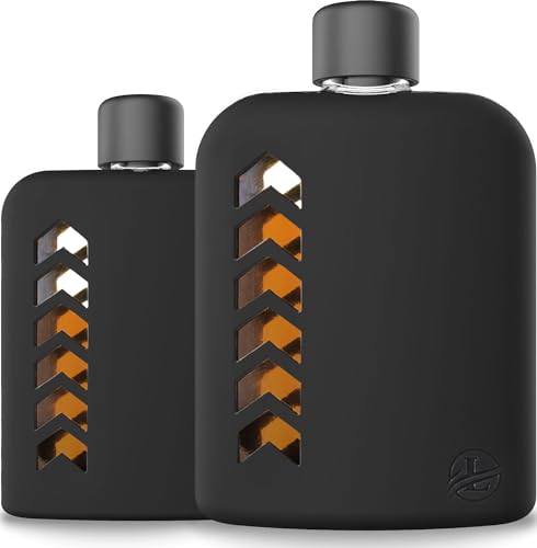 Le’raze Glass Hip Flask Set, Silicone Sleeve | 240ml/100ml Whiskey Bottles for Alcohol Liquor | Leakproof Lids, Funnel | Cute Aesthetic Concert Gift for Men, Women, Black Single Double Shot Canteen - size: 3.4oz. + 8oz.