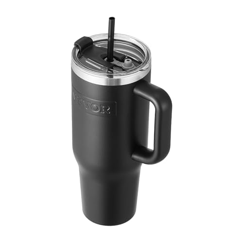 VEVOR 40 oz Insulated Water Bottle, Stainless Steel Sports Coffee Cup with Lid, Handheld Travel Coffee Mug Double Walled, Camping Hydration Flask Leakproof, for Indoor/Outdoor School, Work, Black