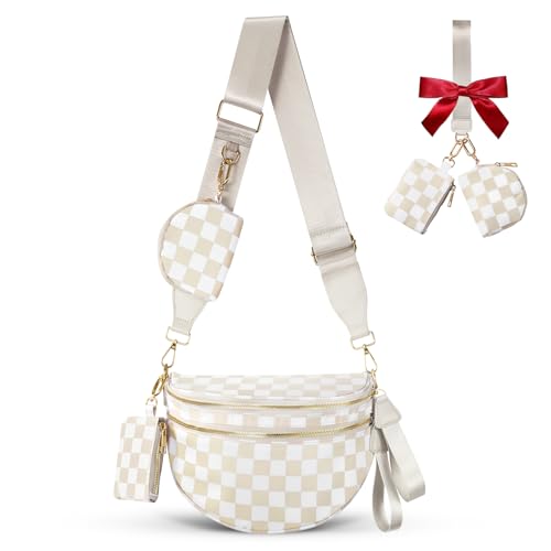 Cross Body Bag for Women Bum Bag Checkered Belt Bags Fanny Packs for Girls Travel Purse Fashion Waist Packs Crossbody Nylon Purse Trendy Shoulder Bags for Womens - color: Checkered Beige