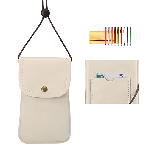 Cell Phone Neck Pouch, PU Leather Carrying Bag with Card Holder Adjustable Strap, Small Travel Purse for iPhone 11-17, Galaxy S25 S20 S10, Pixel 9 Pro, Moto G6 (Cream White) - color: 01 Cream White