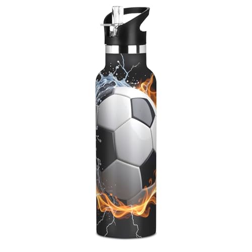 Football Fire Water Water Bottle Thermos Stainless Steel Vacuum Insulated Mouth Bottle with Wide Handle - color: Football Fire Water