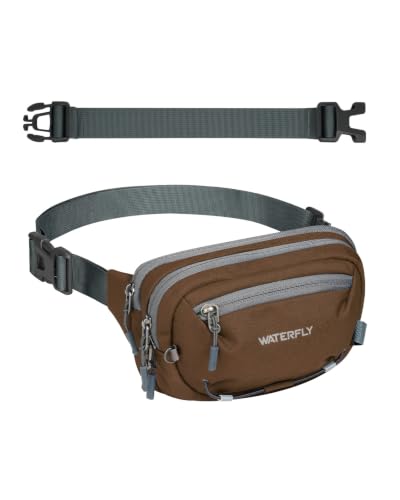 WATERFLY Small RFID Fanny Pack: 1.5L Waist Bag 12" Extender Belt for Hiking - color: Brown
