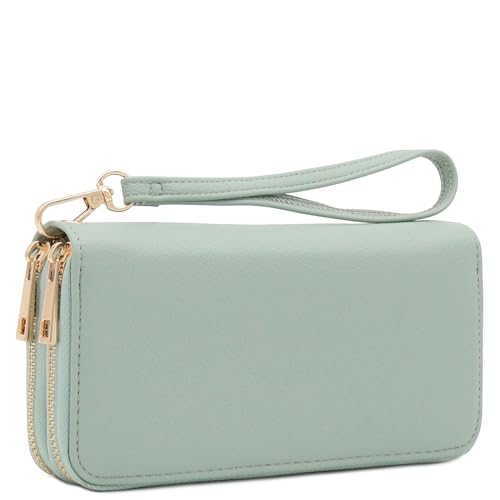 FashionPuzzle Double Zip Around PU Leather Wristlet Cell Phone Wallet - color: Mint