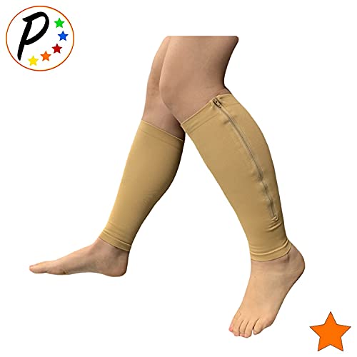 Presadee Calf Zipper 15-20 mmHg Compression Leg Circulation Fatigue Shin Sleeve (Beige, S/M) - color: Beige, size: Small/Medium (Pack of 1)