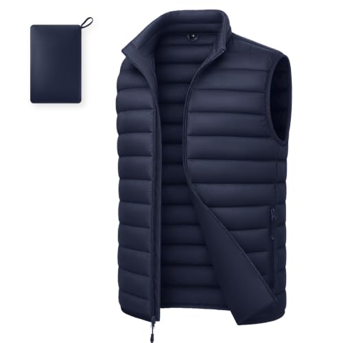 WHN Men's Puffer Vest Outerwear Lightweight Packable Sleeveless Jacket - color: Navy, size: Medium