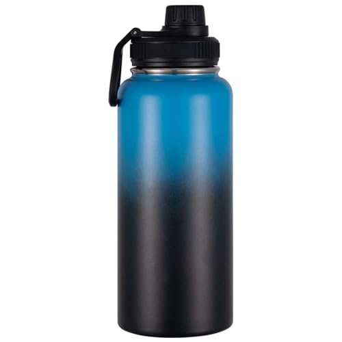 22 Oz Insulated Water Bottle with Handle, 304 Stainless Steel Sports Water Bottle, Wide Mouth Travel Bottle, Blue & Black