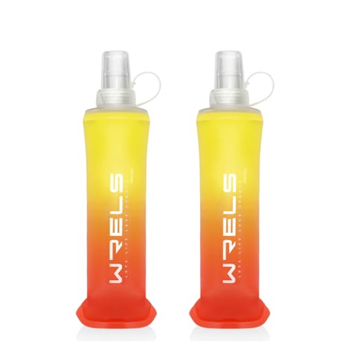 WRELS TPU Soft Flask Lightweight Portable Reusable Water Bottle,BPA Free Collapsible Flask for Hydration Pack in Running Hiking Cycling and Marathon - color: Orange-yellow-250ML*2