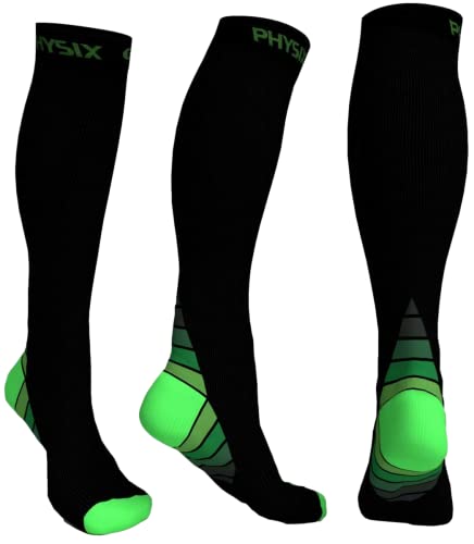 Physix Gear Compression Socks 20-30 mmHg - Men & Women - Running, Nurses, Shin Splints, Flight, Travel - color: Black/Green, size: XX-Large