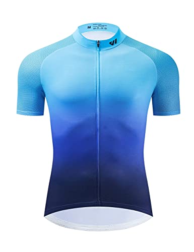 Lo.gas Cycling Jersey Men Short/Long Sleeve Bike Biking Shirts Full Zip with Pockets Road Bicycle Clothes - color: 01 Gradient Blue, size: Large