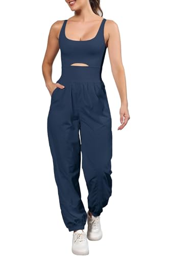 ReachMe Womens Running Onesie Athletic Romper Pants Hiking Outfits One Piece Workout Jumpsuits with Pockets - color: Navy Blue, size: Small