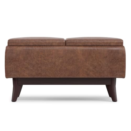 SIMPLIHOME Owen 34" Wide Vegan Leather Tray Top Ottoman in Saddle Brown - color: Distressed Saddle Brown