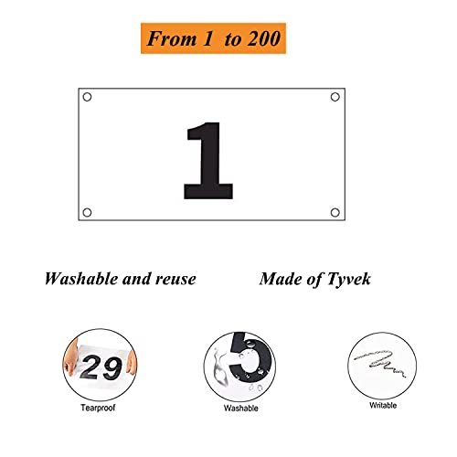 Running Race Bibs Large Numbers with Safety Pins for Marathon Race Events- Tyvek Tearproof Waterproof - color: 1-200 Numbers