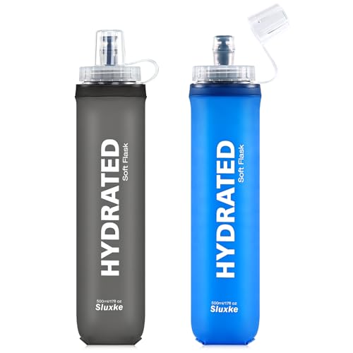 SLUXKE Soft Flask 2 Pack with Dust Cap, 17oz/500ml Flexible TPU Soft Water Flasks for Running Vest, BPA-Free Hydration Foldable Flask for Hiking, Cycling - color: Mix 17oz
