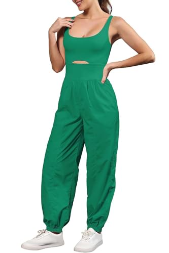ReachMe Womens Running Onesie Athletic Romper Pants Hiking Outfits One Piece Workout Jumpsuits with Pockets - color: Green, size: Medium