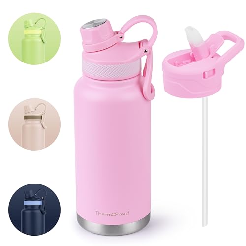 ThermoProof Double-Walled Vacuum Insulated Stainless Steel Water Bottle - Wide Mouth Canteen, Spout & Straw Lids, Dishwasher Safe, Reusable, Leakproof, Hot & Cold for Men, Women & Kids - 32oz, Pink - color: Pink, size: 32 Ounces