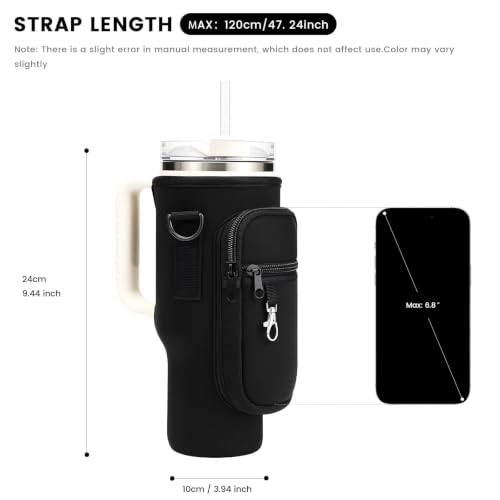 Water Bottle Carrier Bag Holder with Phone Pocket Adjustable Strap for Stanley 30 40oz, Insulated Neoprene Cover Sleeve Sling Crossbody Bag for Walking Camping Hiking Travelling - color: Black-1