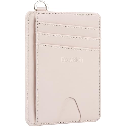Slim Minimalist Front Pocket Wallet, RFID Blocking Credit Card Holder Wallet with Integrated D-Shackle for Men Women - color: Cowhide Pink Apricot