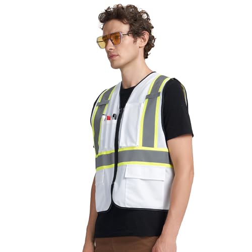 A-KSAFETY High Visibility Safety Vest for Men Women with Pockets and Zipper - color: White, size: XX-Large