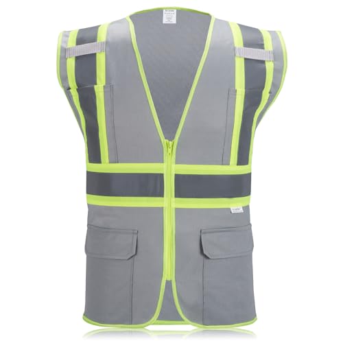 High Visibility Reflective Safety Vest with Zipper and Pockets Grey,M - color: Grey, size: Medium