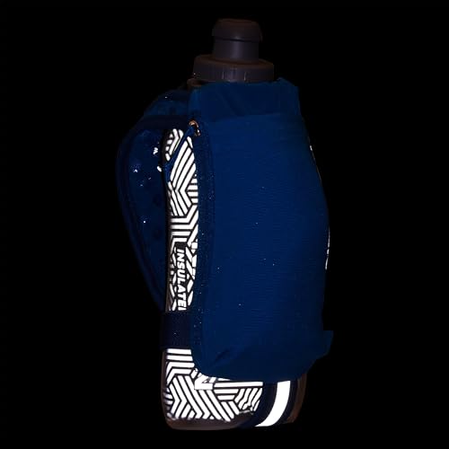 Nathan SpeedDraw 2 Insulated Handheld Running Water Bottle Flask – Double-Wall Insulation, Ergonomic Grip, Blast Valve Cap, Phone & Key Storage Pockets, Reflective Design - 18oz, Deep Blue - color: 18oz - Deep Blue