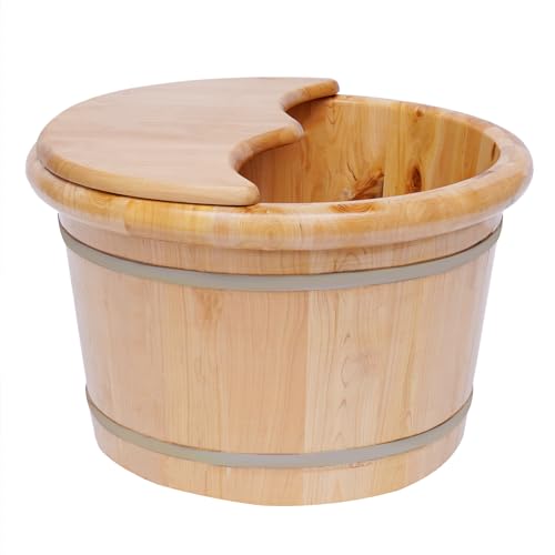 Wooden Foot Bath Bucket Foot Soaking Bath Basin with Lid Wood Footbath Barrel with Massage Roller Pedicure Barrel for Spa, Massage, Sauna 12.2 * 9.84in (Log Color) - color: Log Color
