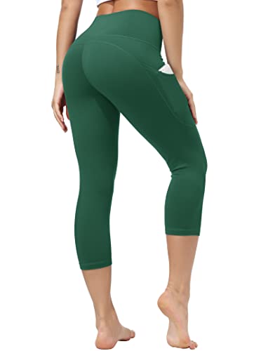 Dragon Fit Women's High Waisted Yoga Leggings 3 Pockets Workout Pants - color: Capri-dark Green, size: Large
