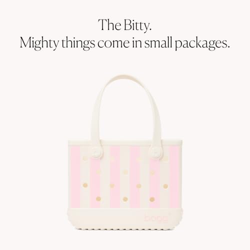 BOGG BAG Bitty Small Tote – 11” x 8.5” x 4.5” – Essential Bags for Beach, Pool, Boat, Sports, Tailgating, Cruise, Travel - color: Striped Powder Puff & Coconut