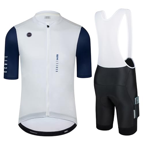Men's Cycling Jersey Set Cycling Kit Bicycle Jersey Rear Zipper Pocket Bike Bib Shorts with Pockets Race Fit High Density Pad - color: White Set, size: X-Large