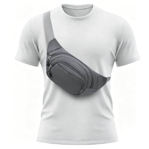 Large Fanny Pack for Men Women NSYOOMH, Crossbody Waist Bag 5-Zipper Pocket - color: Grey