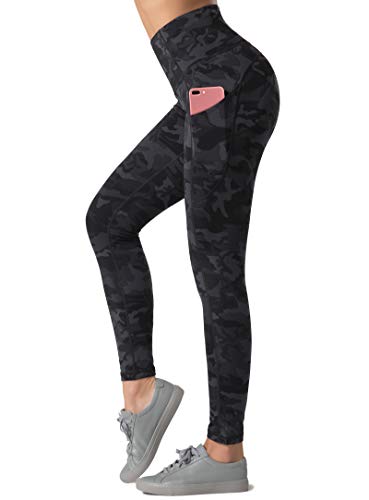 Dragon Fit Women's High Waisted Yoga Leggings 3 Pockets Workout Pants - color: Black&grey Camo, size: Medium