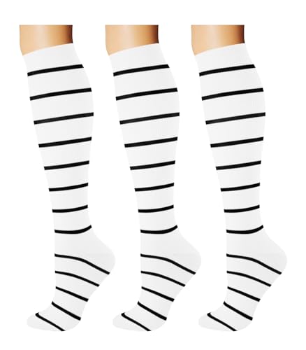 Breslatte Compression Socks for Women Men 15-20 mmHg - color: 3s8 Striped 3white, size: Small-Medium