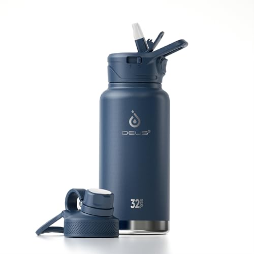 IDEUS 32oz Insulated Stainless Bottle with 2 Leakproof Lids, Navy Blue - color: Navy Blue, size: 32 Ounces
