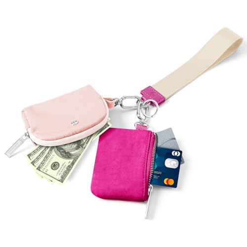 Keychain Wallet Mini Zip Around Wristlet Wallets for Women Detachable Dual Pouch Wristlet Portable Coin Purse Small Wallets - color: Rose+Pink