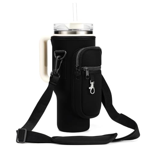 Water Bottle Carrier Bag Holder with Phone Pocket Adjustable Strap for Stanley 30 40oz, Insulated Neoprene Cover Sleeve Sling Crossbody Bag for Walking Camping Hiking Travelling - color: Black-1