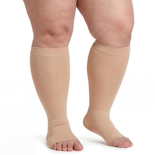 MGANG Plus Size Medical Compression Stockings for Women & Men, Open Toe - color: Knee High Open Toe Beige, size: 5X-Large