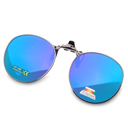JO Polarized Clip-On Sunglasses UV400 Anti-Glare Lenses with Metal Frame Round - color: Blue, size: 50 mm